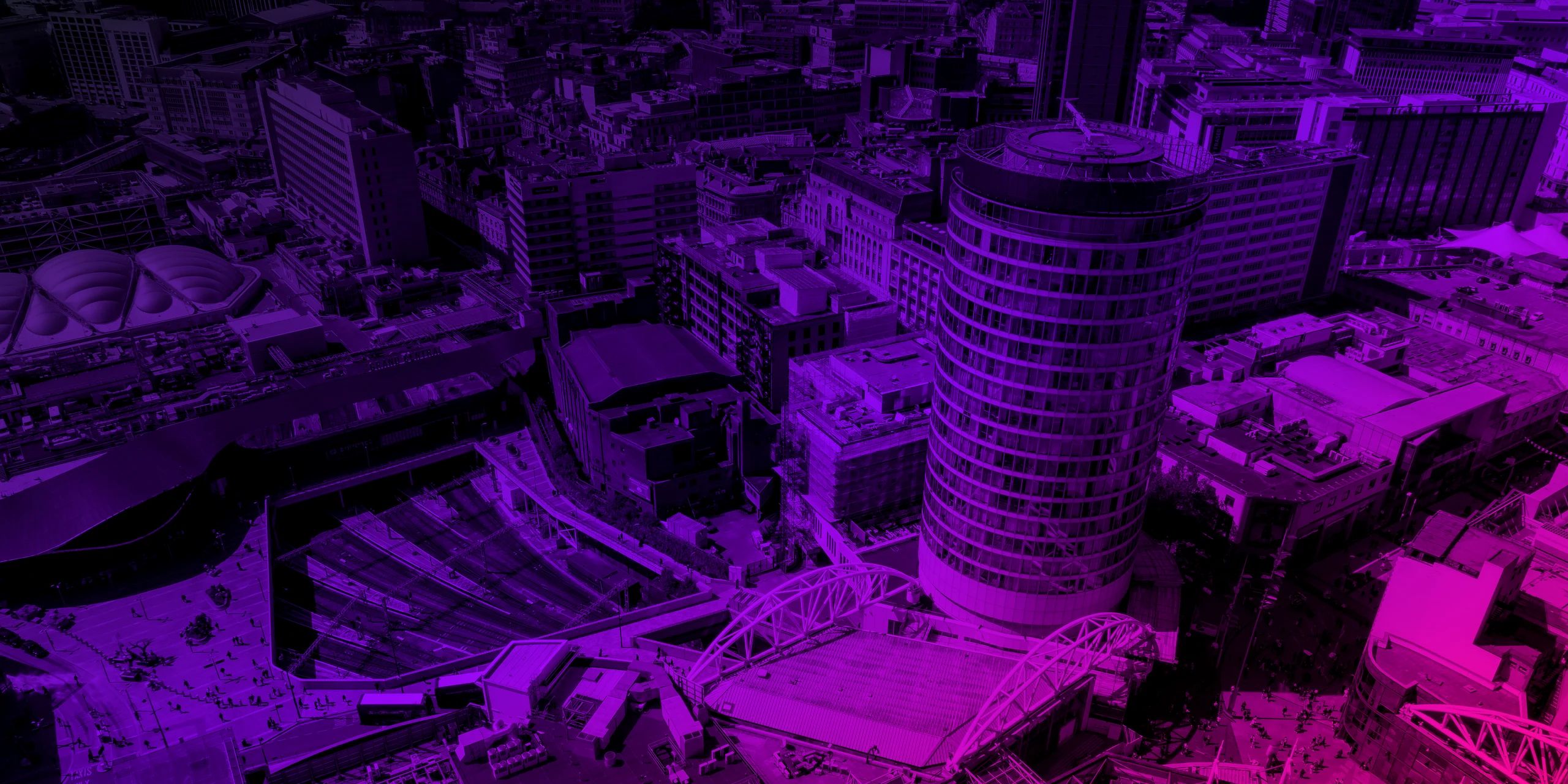 The Rotunda and New Street station, Birmingham, from the air