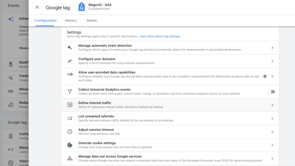 Google Analytics 4 (GA4) showing step 3 of identifying traffic to your eCommerce website (define internal traffic)