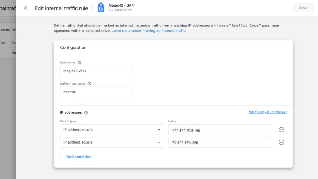 Google Analytics 4 (GA4) showing step 4 of identifying traffic to your eCommerce website (internal traffic rule and IP address additions)