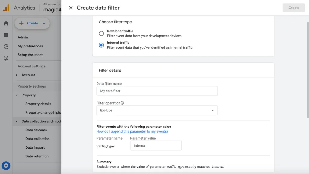 Google Analytics 4 (GA4) showing step 2 of filtering traffic to your eCommerce website (creating a data filter, name and parameter)