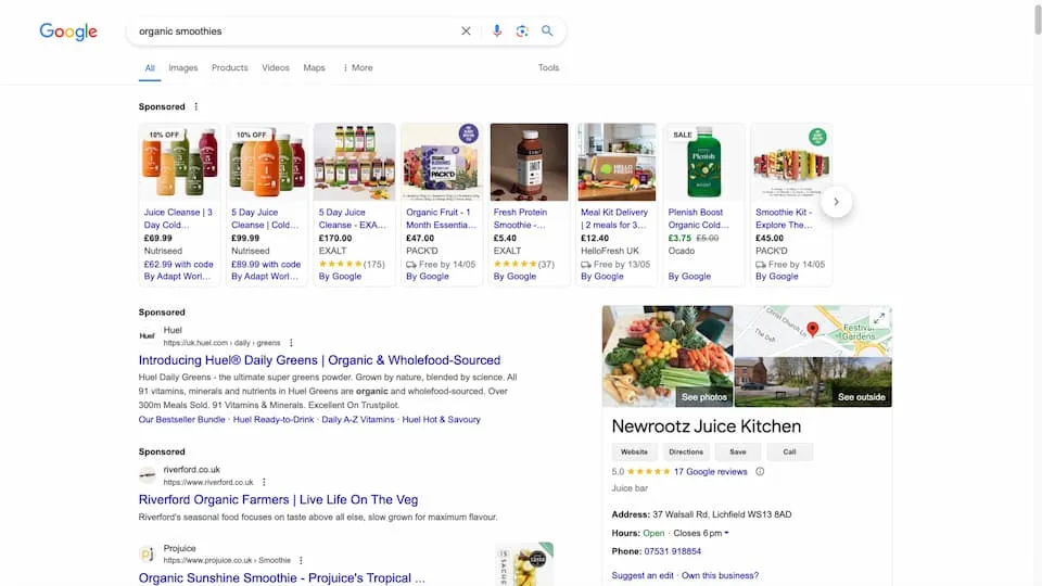 Google page showing competitors for an organic smoothie company