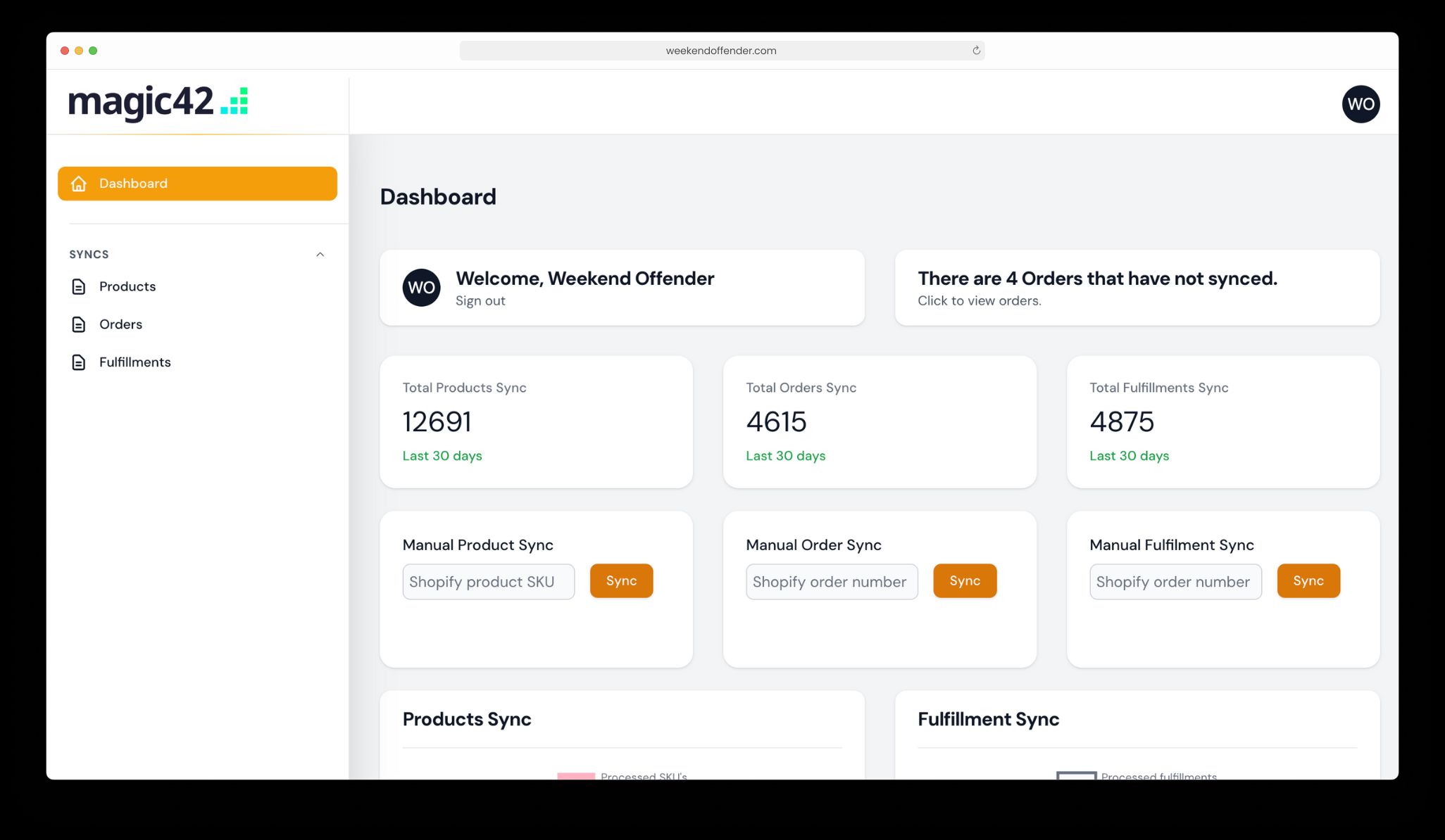 Weekend Offender's synchronised dashboard with Shopify Plus