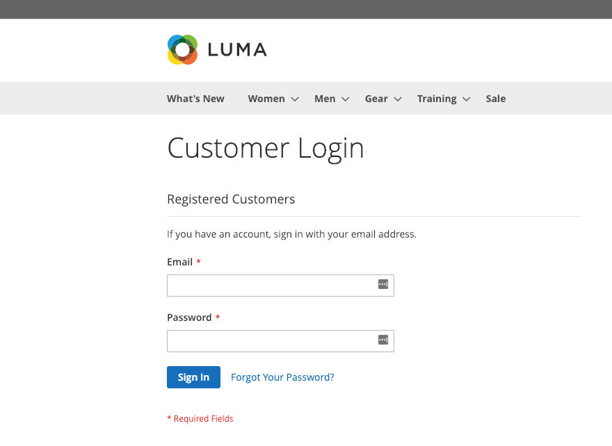 Customer login screen on Magento 2