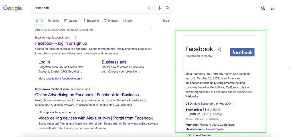 Facebook Knowledge Panel