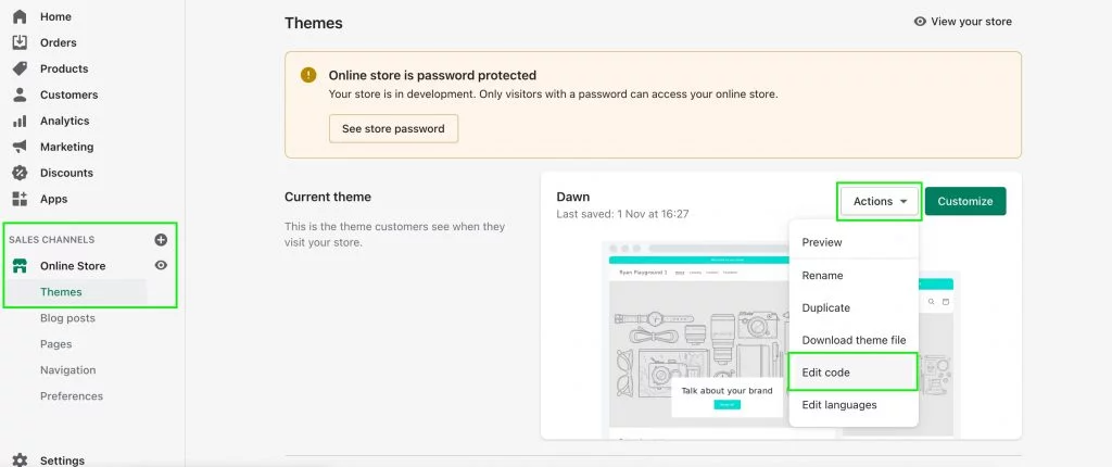 Here's how you change the size of your main product image in the Dawn theme, starting in the Shopify's Sales Channel, then going to Online Store, Themes, Actions, Edit Code.