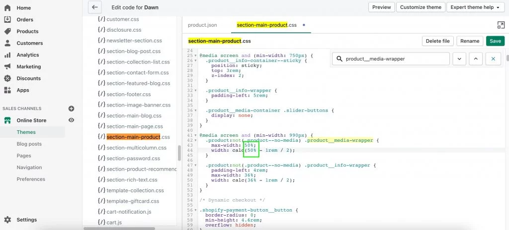 The width calculation of a main product image in the Shopify Dawn theme, as shown by eCommerce and Shopify Development Agency, magic42.