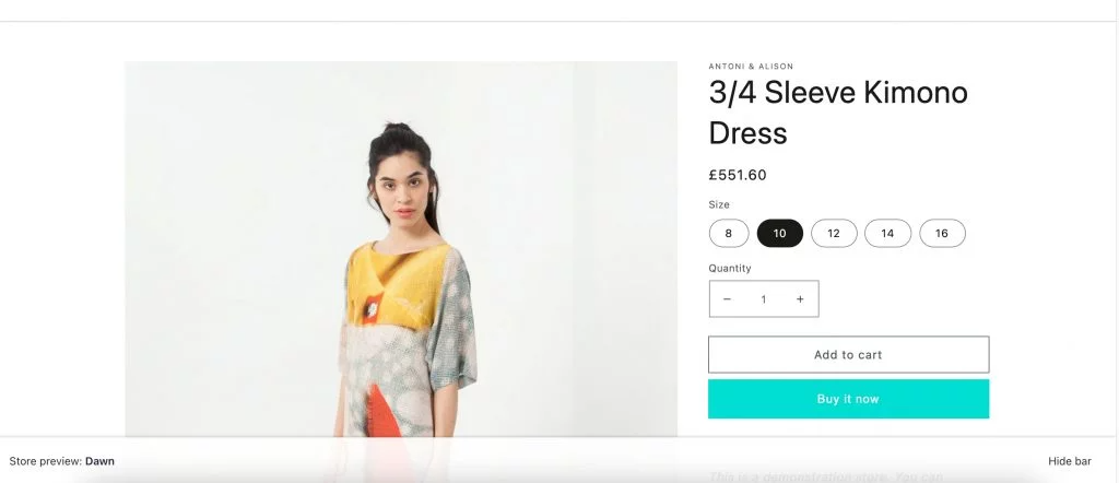 The size of your product image, shown in Shopify Dawn.