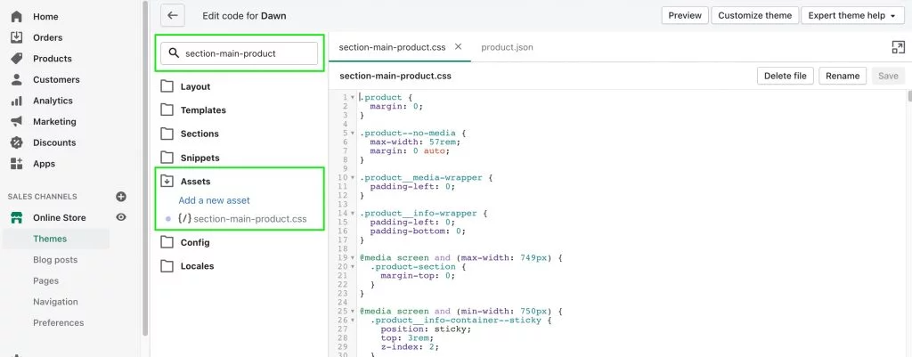 In Shopify, search “section-main-product” in the file search bar and then click on the “Assets” folder to open the file.