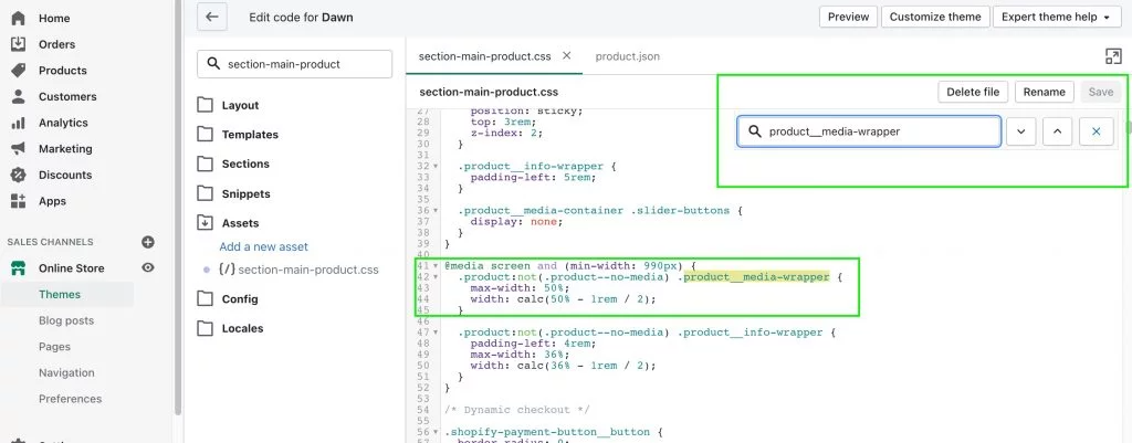 Media screen code showing the minimum width in pixels for the Shopify Dawn main product image, as shown by our Shopify Plus Development Agency, magic42. 