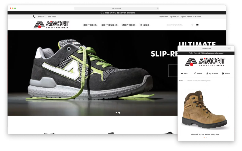 Mobile and desktop view of the Aimont Safety Footwear homepage