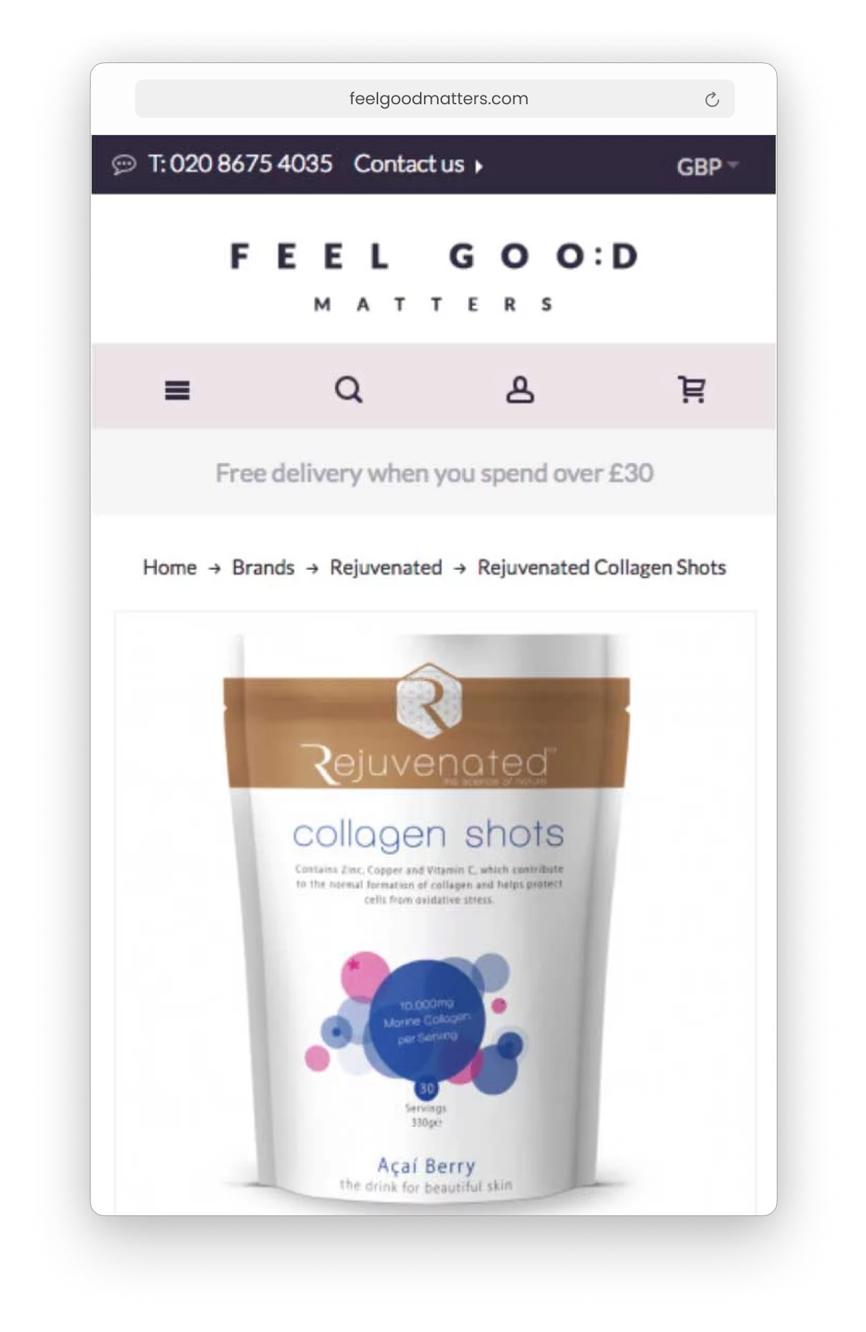 Mobile view of the product page on the FeelGoodMatters website