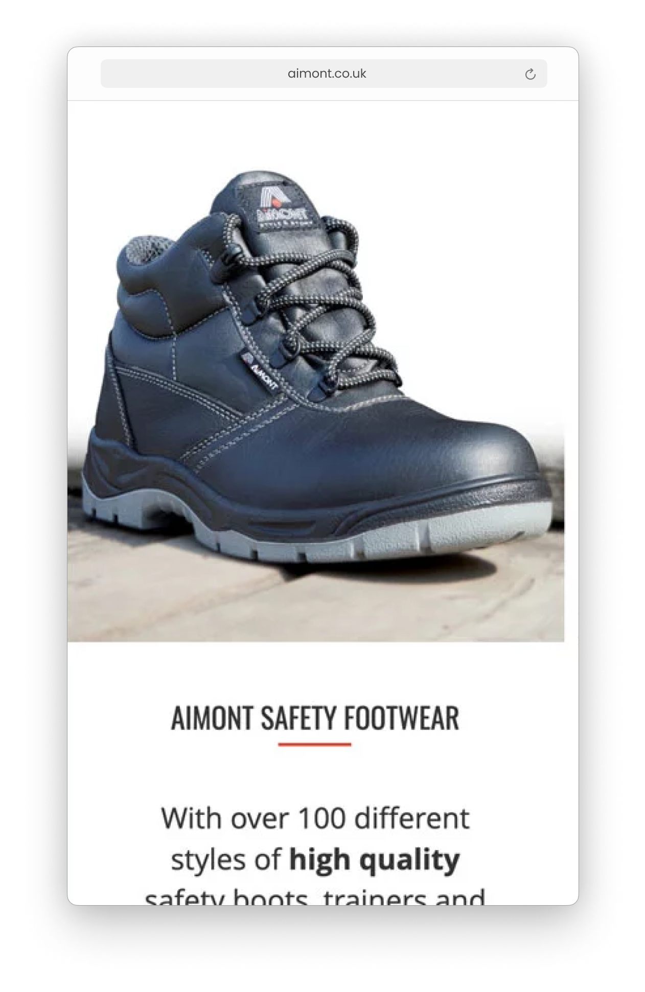 Mobile view of the Aimont Safety Footwear homepage