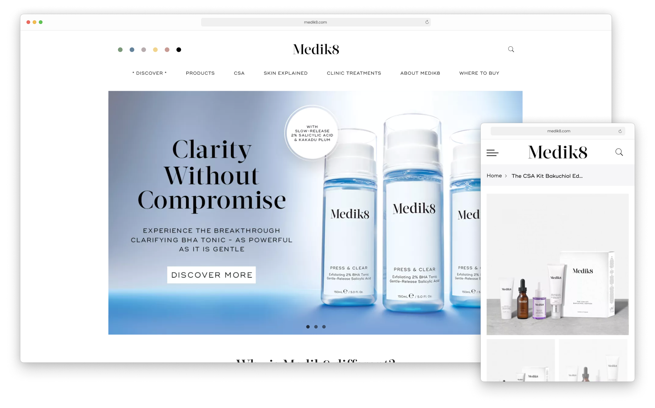 Desktop and mobile view of the Medik8 homepage and product page