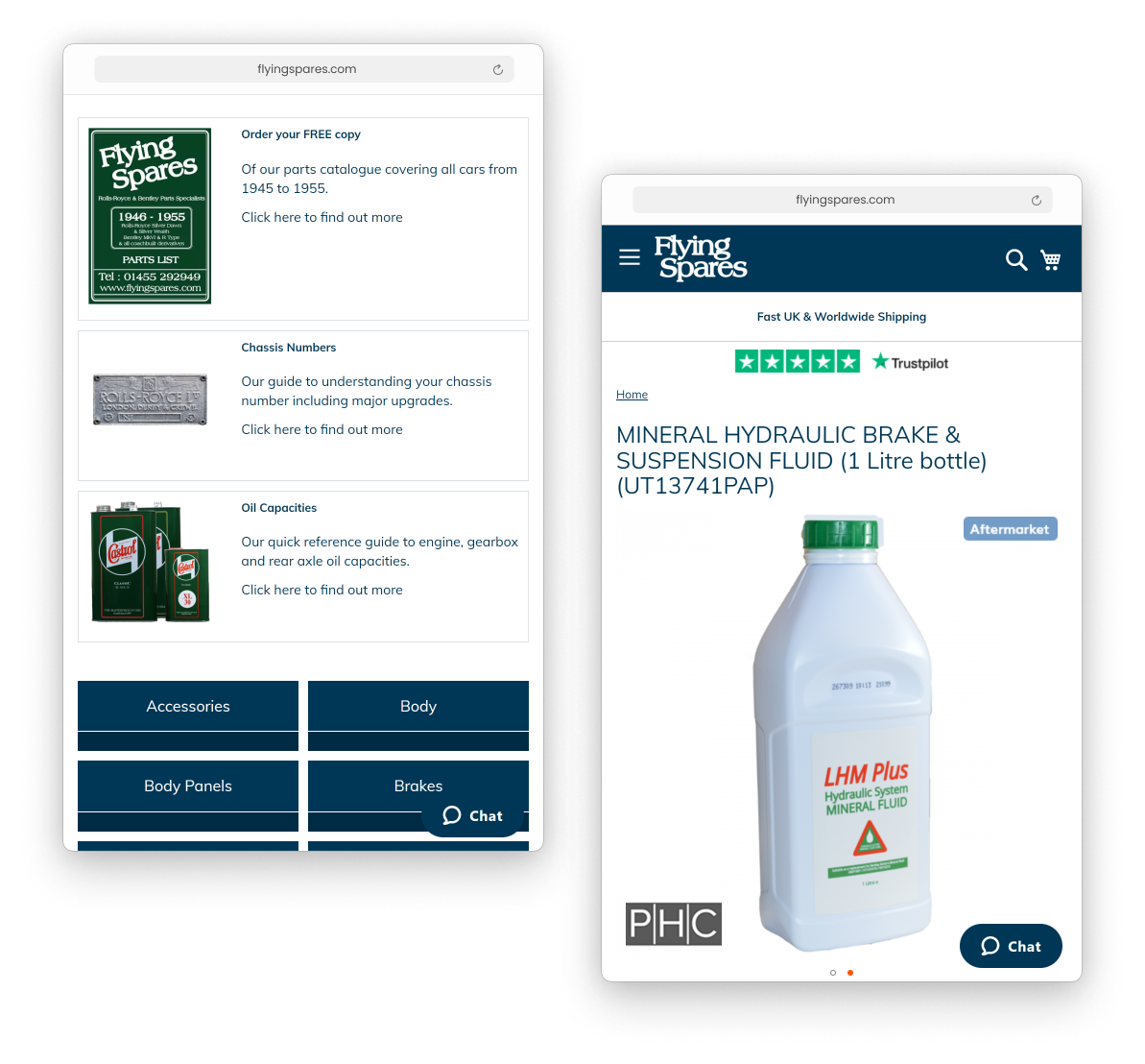Two mobile images of Flying Spares' catalogue and product page