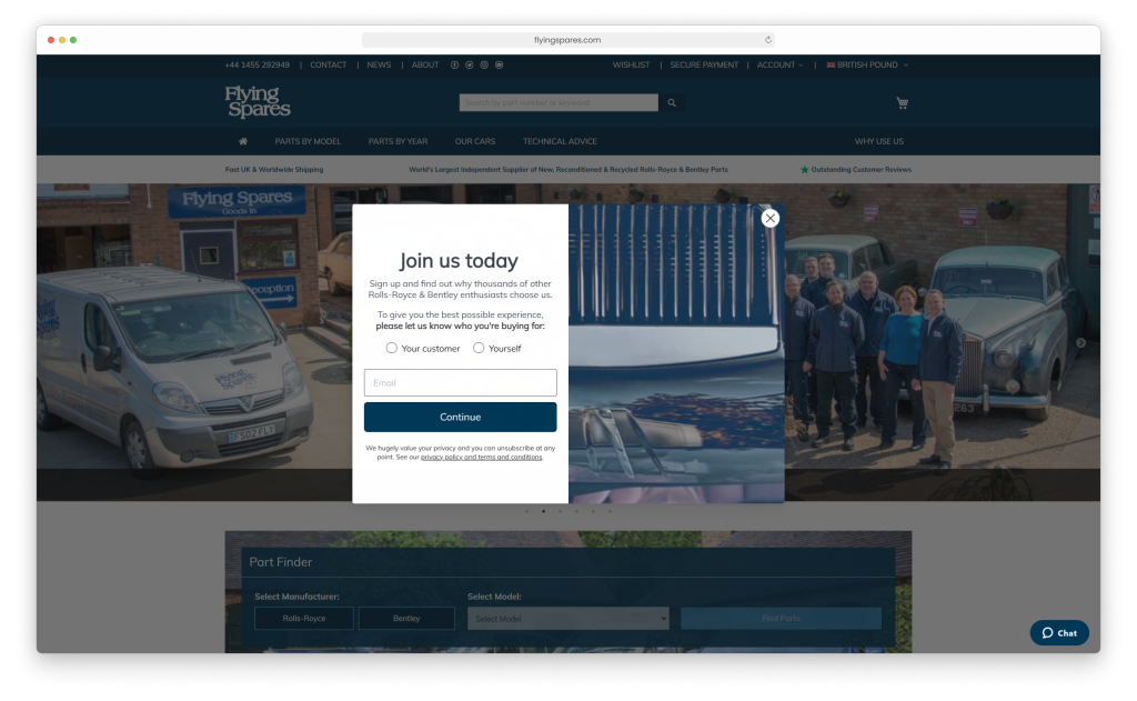 Klaviyo sign up form popup on Flying Spares homepage