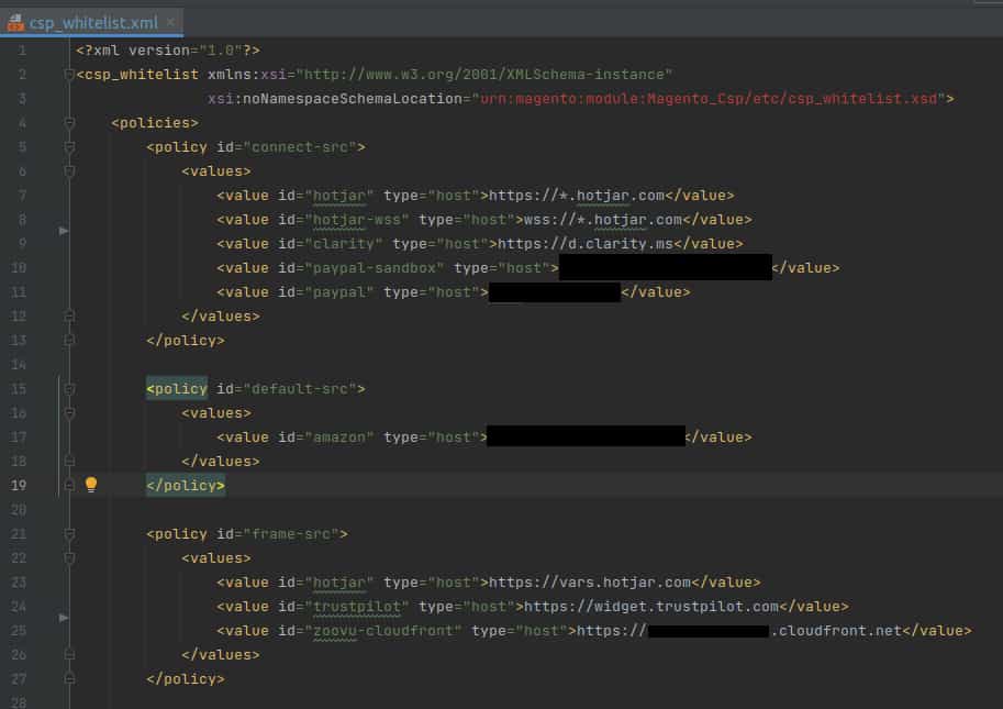 Magento Content Security Policy coding showing several whitelisted websites