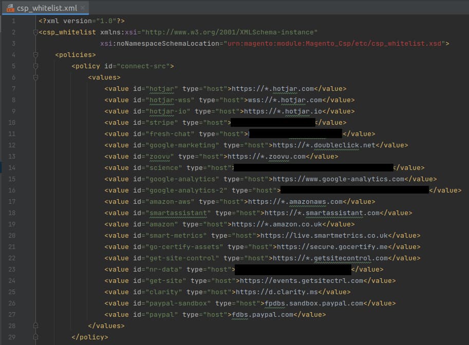 Magento and Adobe Commerce CSP Coding showing a large whitelist for individual website URLs.