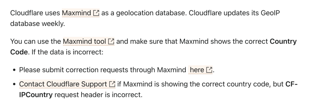 Documentation confirming Cloudflare's use of MaxMind's GeoIP database.