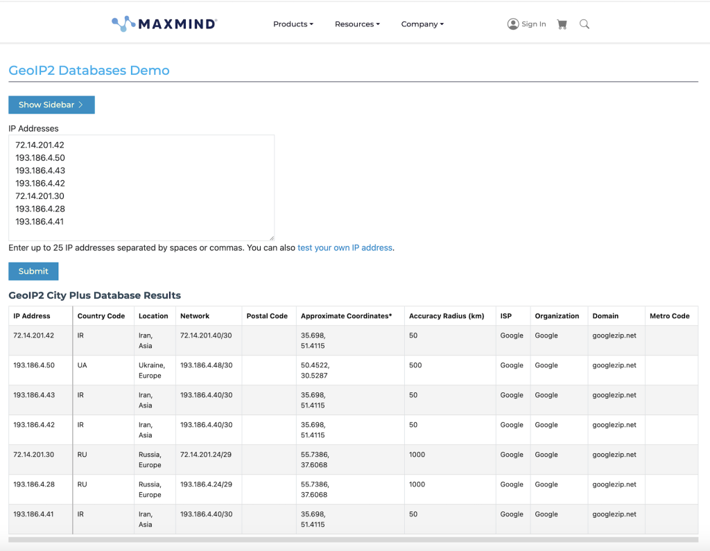 MaxMind GeoIP2 matching the blocked IP addresses (including Googlebot's) to Russia and Iran locations.