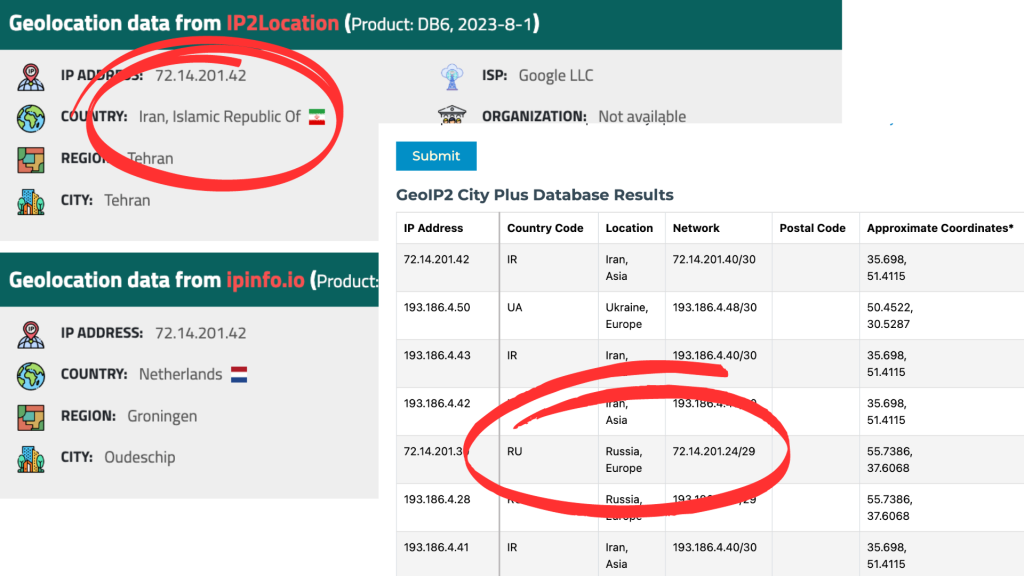 MaxMind's GeoIP, GeoIP2, showing Google LLC (Googlebot) as coming from Iran and Russia.