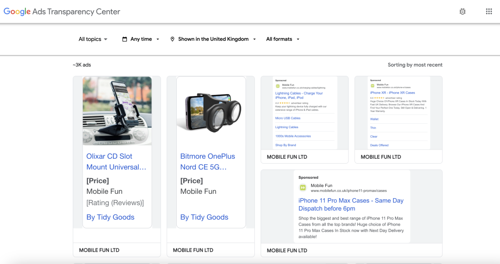 Adverts displayed from competitors on Google Ads Transparency Center, showing a range of Google ads, display ads and YouTube options.