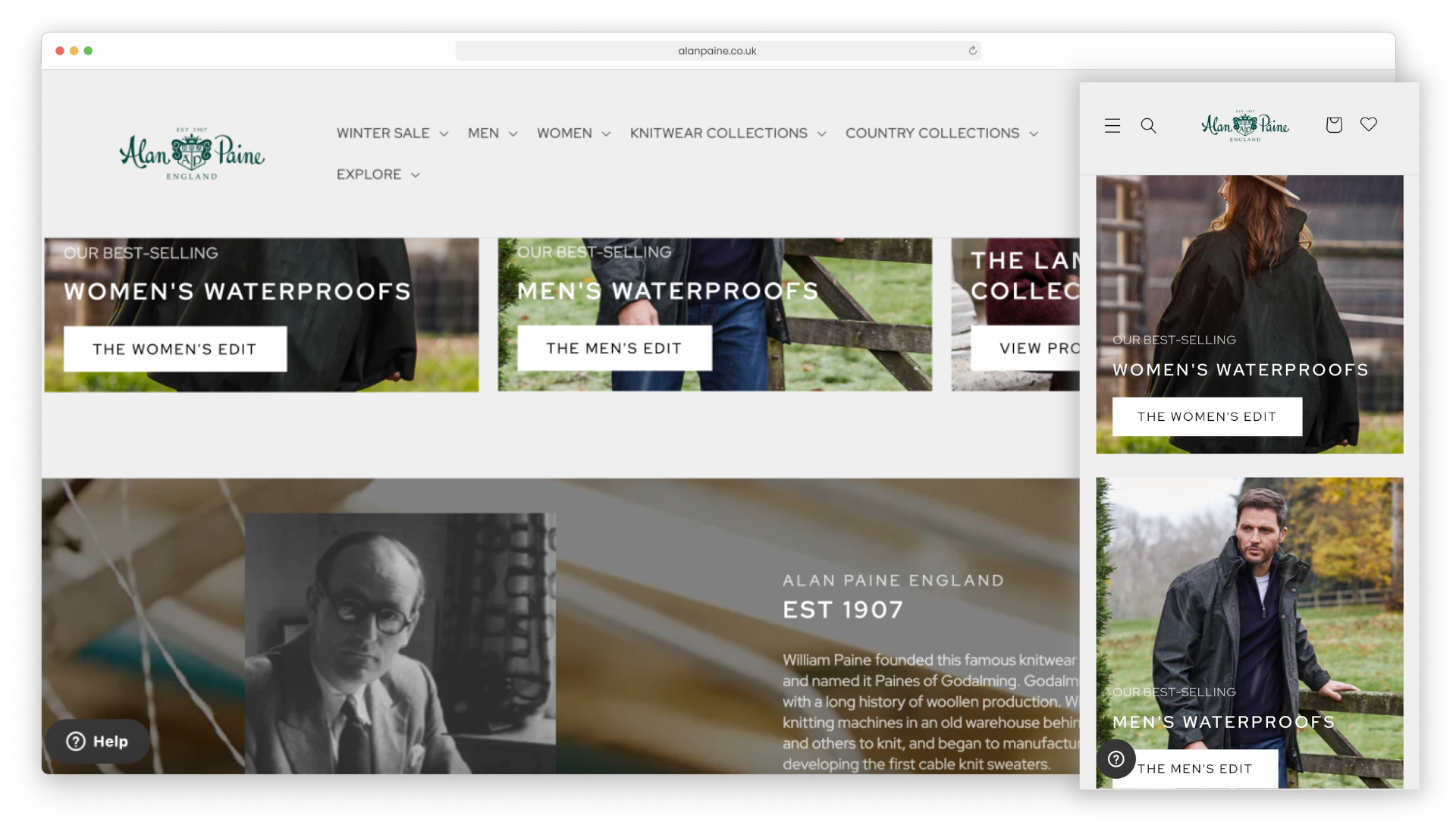 Alan Paine's eCommerce website one desktop and mobile, showing their extensive clothing products after development by magic42