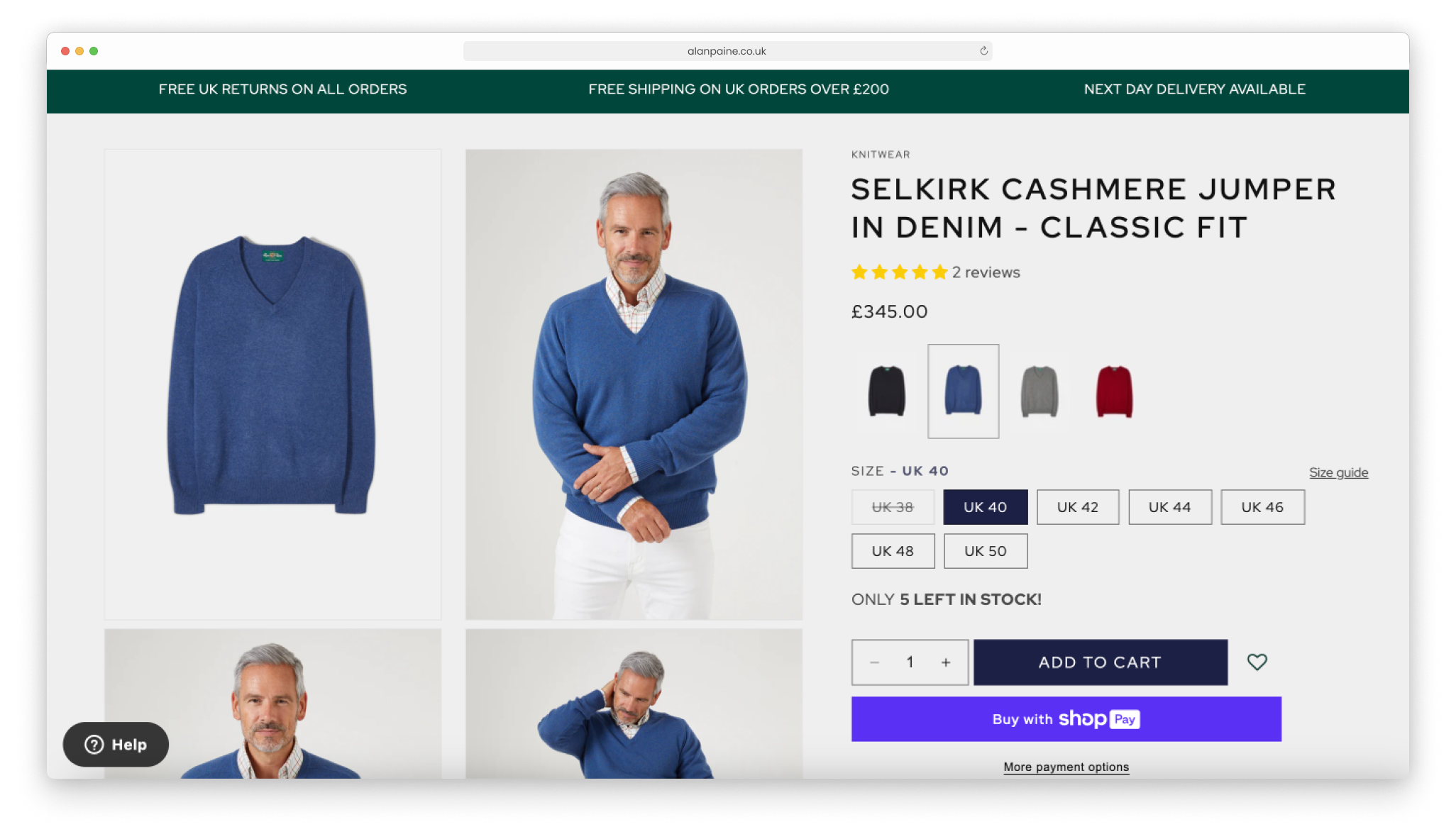 Alan Paine eCommerce website showing cashmere clothing colours via a variant switcher, as developed by eCommerce agency, magic42