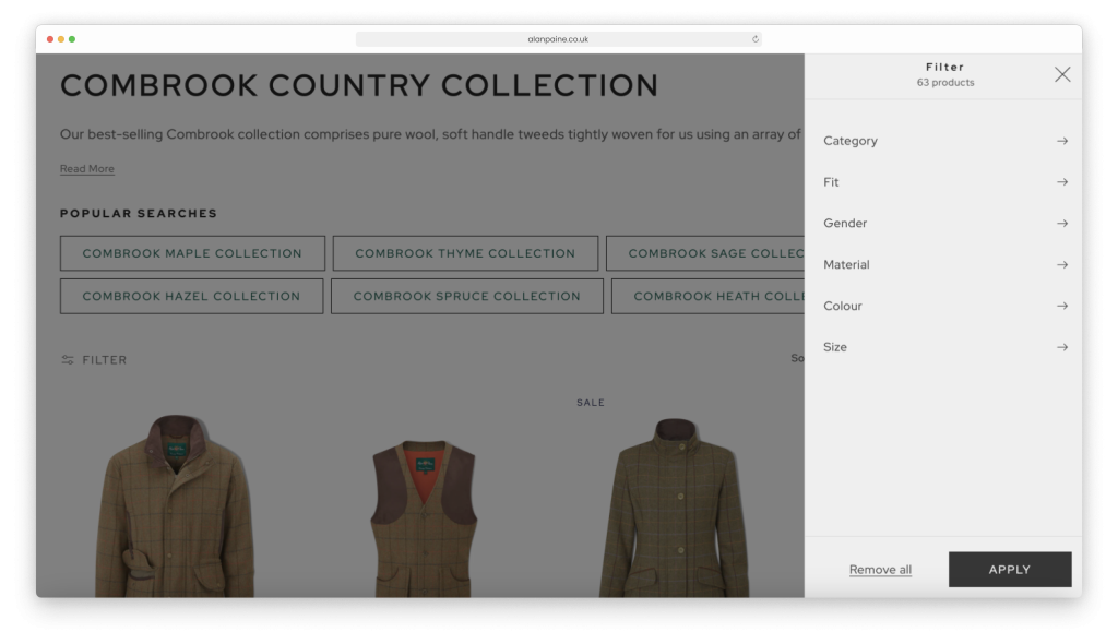Alan Paine eCommerce website showing product categories for their clothing, as developed by eCommerce agency, magic42
