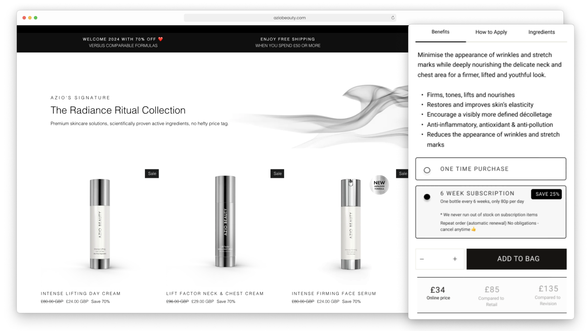 Azio Beauty case study, showing their website homepage and beauty products, as developed on Shopify Plus with eCommerce development agency, magic42
