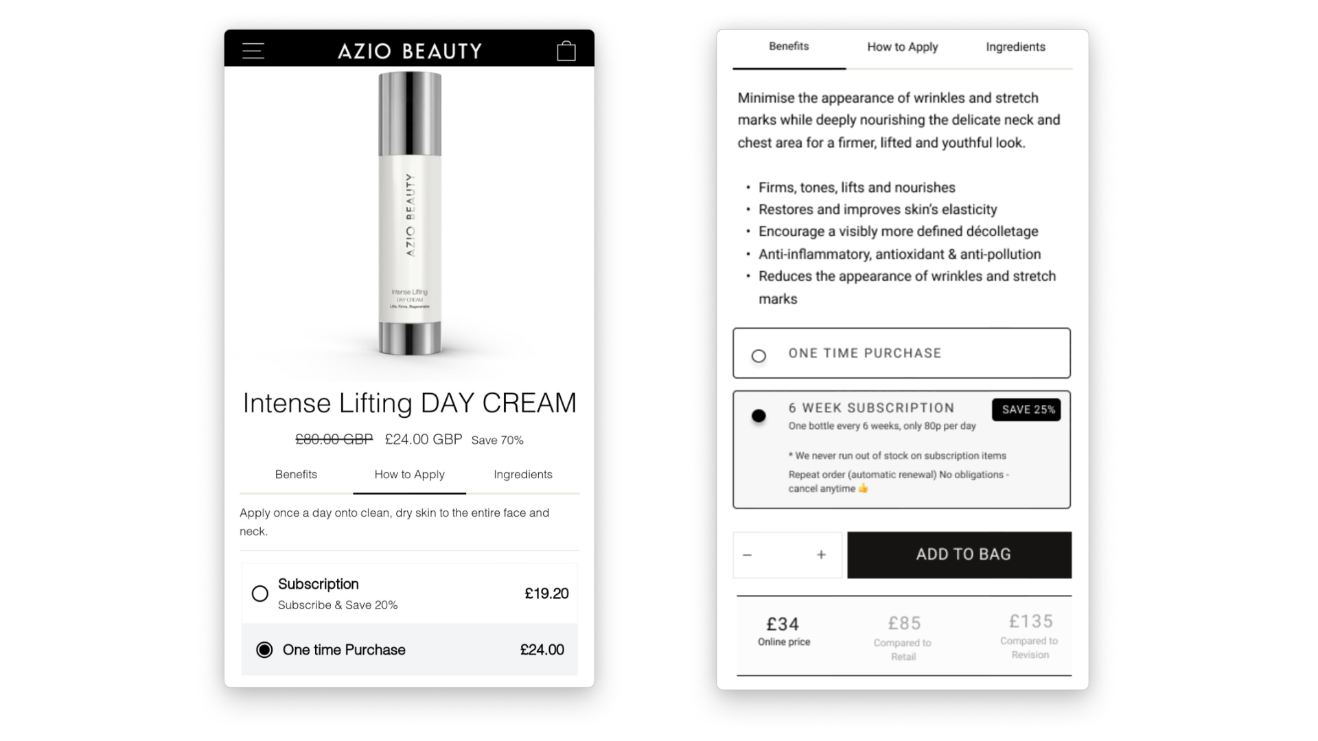 Azio Beauty's descriptive design, as shown on two mobile images that display beauty products alongside a product purchase and subscription box