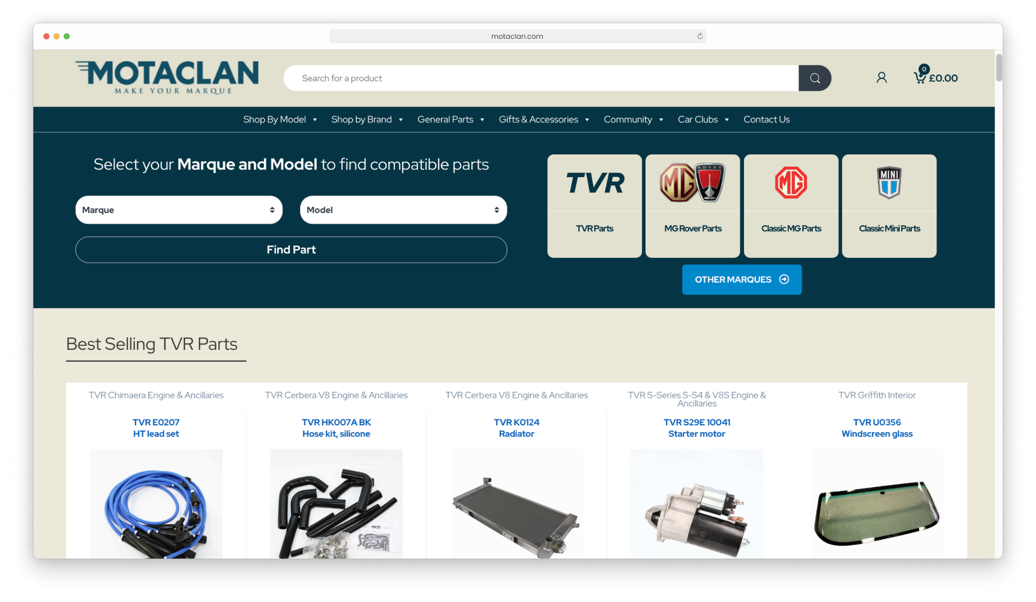 Motaclan eCommerce website front page, showing various automotive products on and their advanced search fields