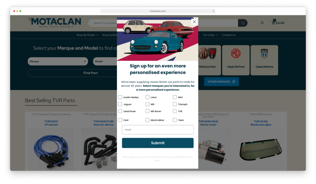 Klaviyo marketing sign up field on Motaclan's website, as integrated by magic42