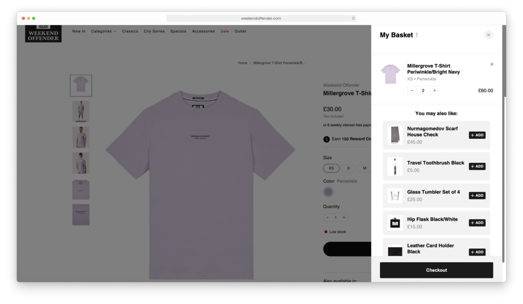 Weekend Offender Cart, showing upsell options on related clothing and stock availability, implemented into the site by eCommerce development agency, magic42