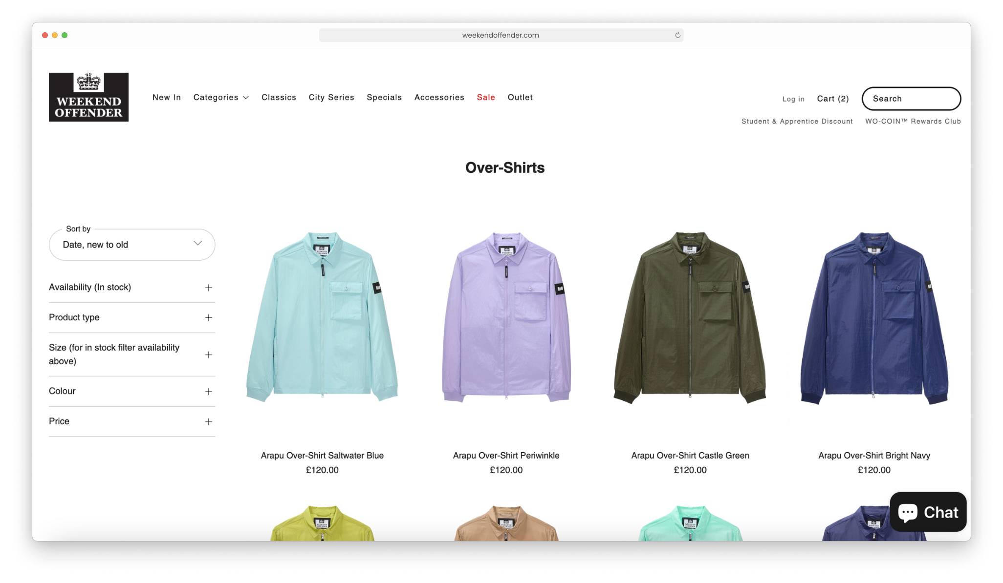 Weekend Offender, a successful global retailer, showing their product category pages after having approached eCommerce development agency, magic42, for the go-live of a new ERP system and connections to Prima Software from Shopify Plus.