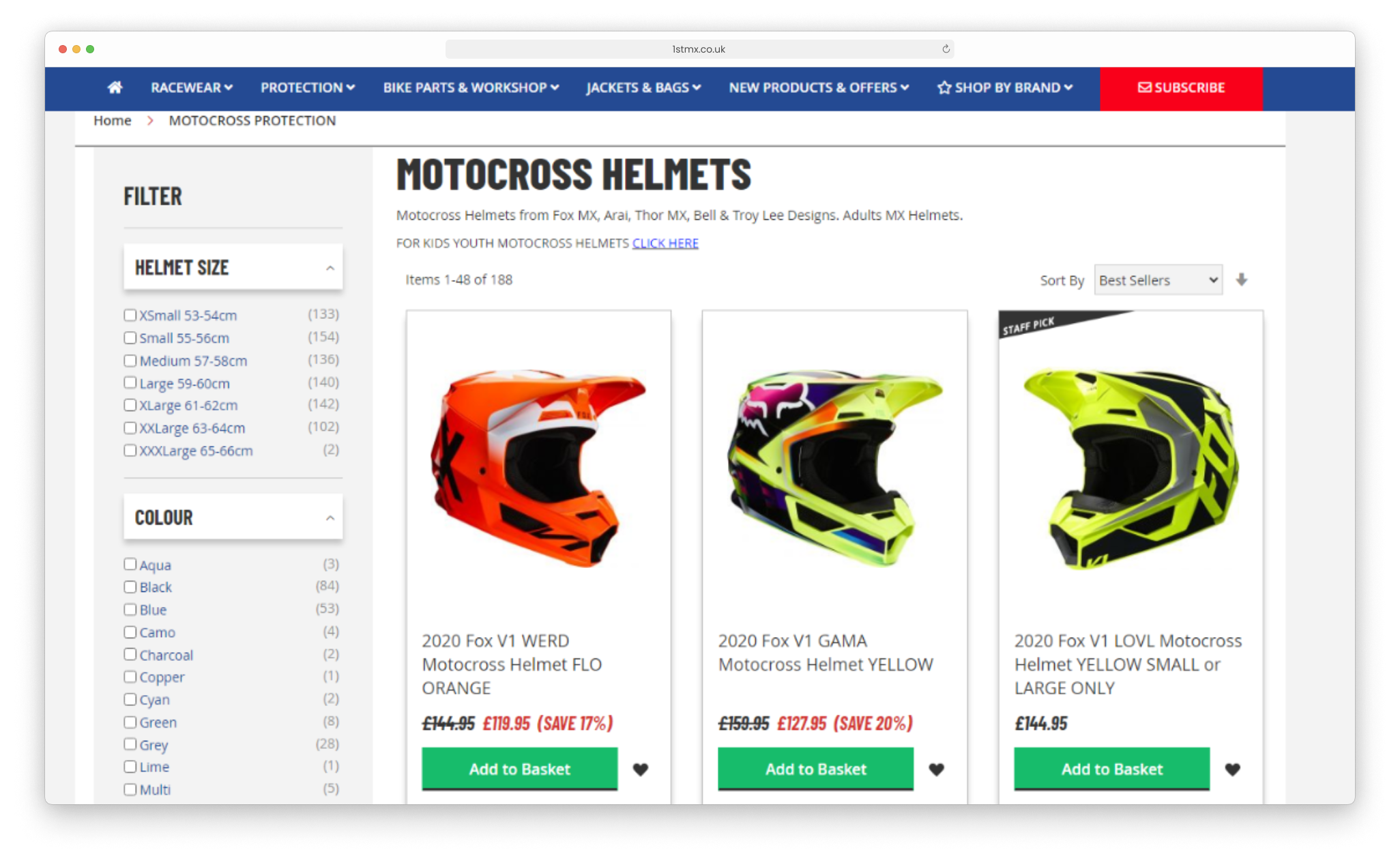 Motocross helmets from 1st MX on their website product category page, having been built by Magento development agency and eCommerce specialists, magic42