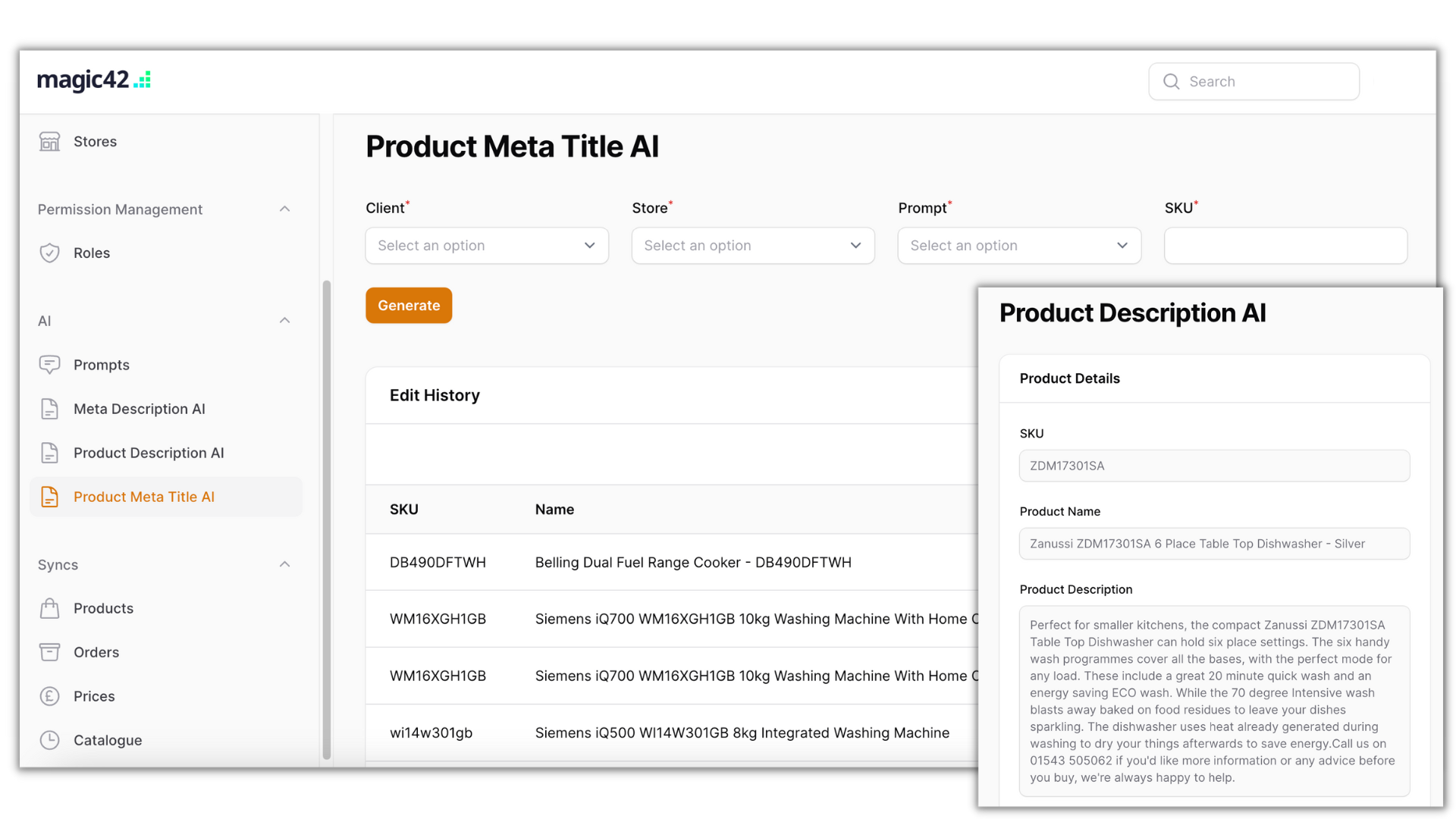 The magic42 AI tool that enhances product meta titles, product meta descriptions, product descriptions and more using AI in eCommerce
