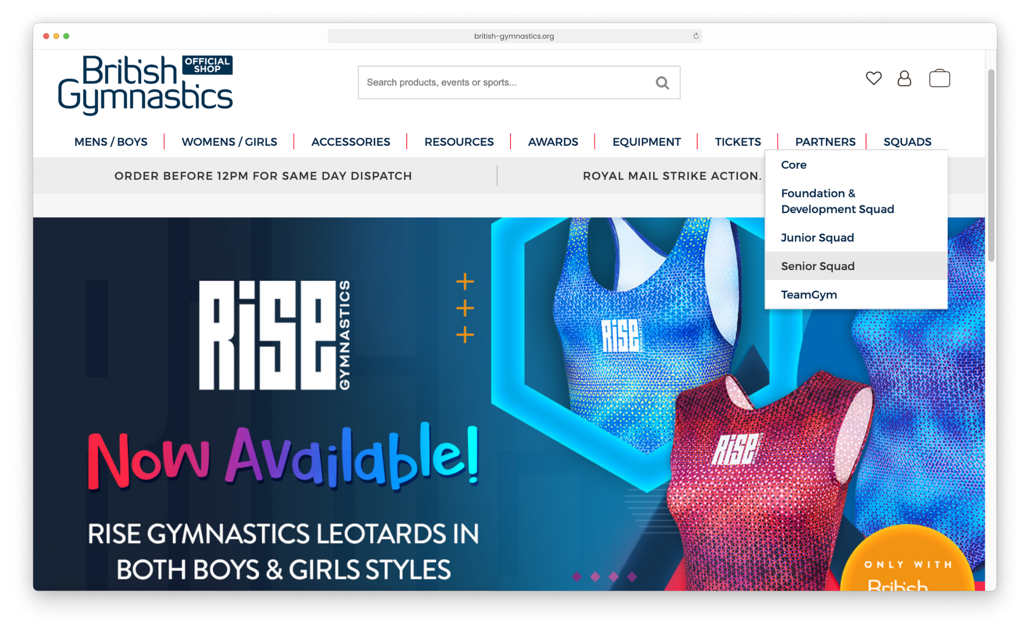 British Gymnastics Magento website and front page showing options for their squads, as suggested by Magento development agency, magic42
