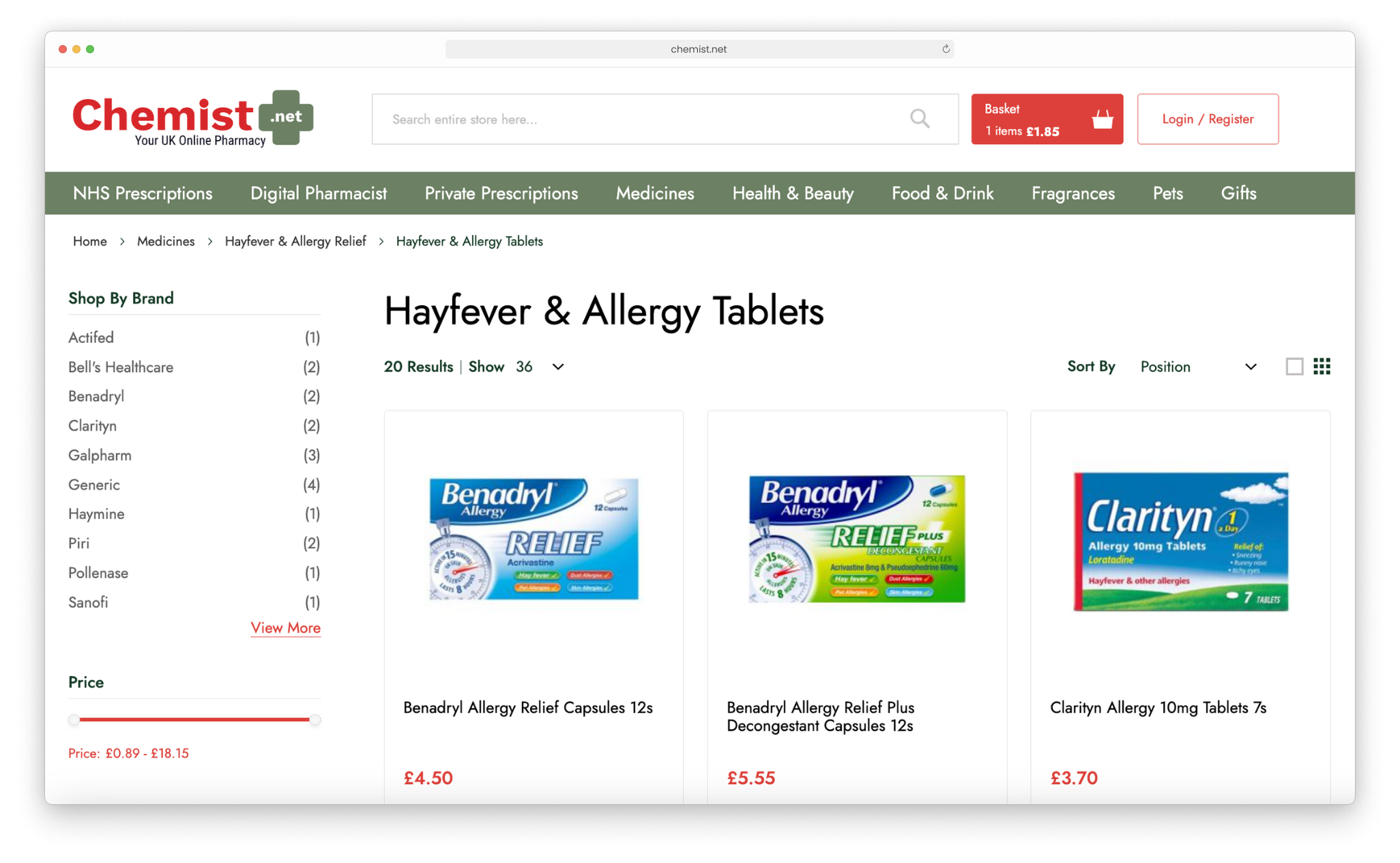 Chemist.net's range of medication as listed by product filters following Magento development work by magic42