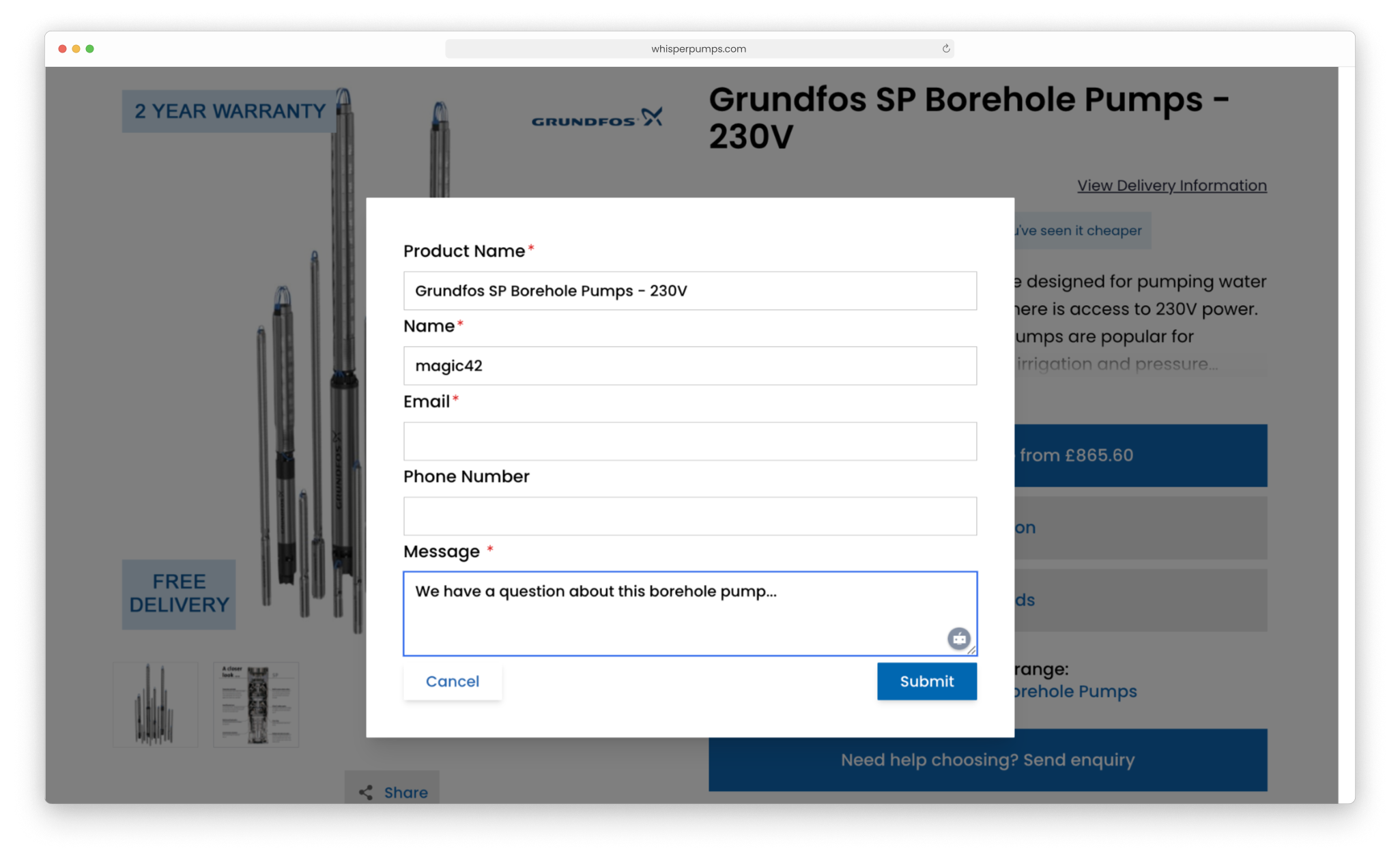 Whisper Pumps contact enquiry forms